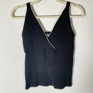 White House Black Market Rib Knit Black Sweater Tank Top Size Medium White Trim